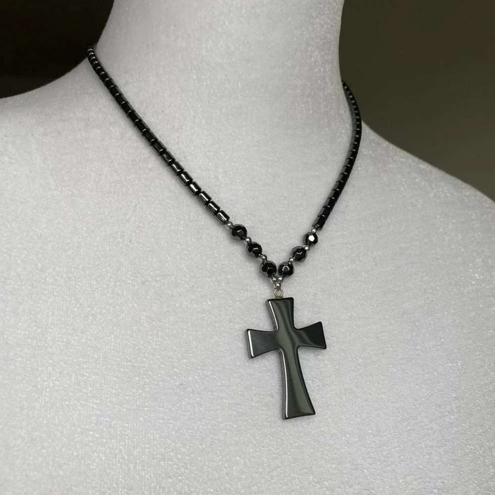 vintage y2k hematite cross pendant necklace whimsigoth grunge goth emo jewelry